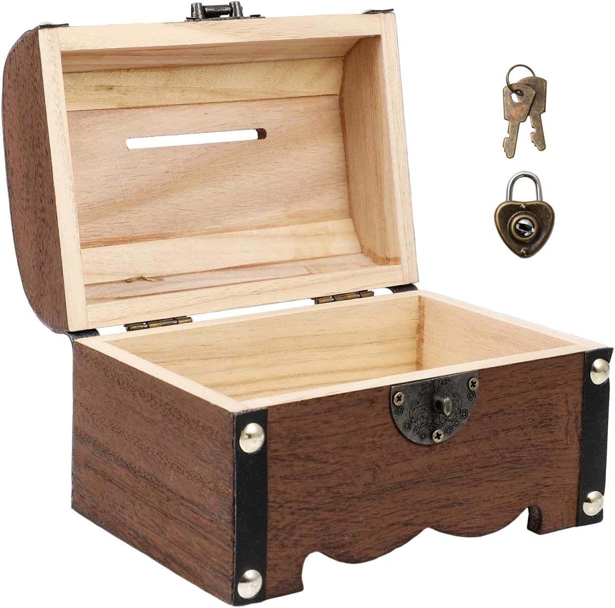 Vintage Treasure Storage Box with Lock Small Wooden Treasure Chest Organizer Piggy Bank for Coins Jewelry Home Decor - 1