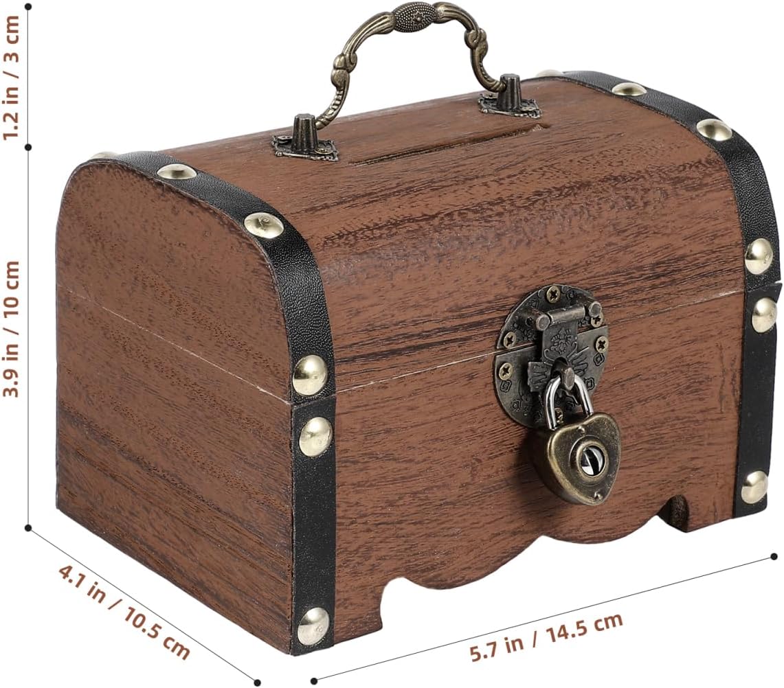 Vintage Treasure Storage Box with Lock Small Wooden Treasure Chest Organizer Piggy Bank for Coins Jewelry Home Decor - 2