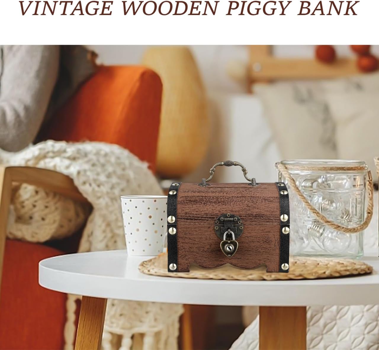 Vintage Treasure Storage Box with Lock Small Wooden Treasure Chest Organizer Piggy Bank for Coins Jewelry Home Decor - 3