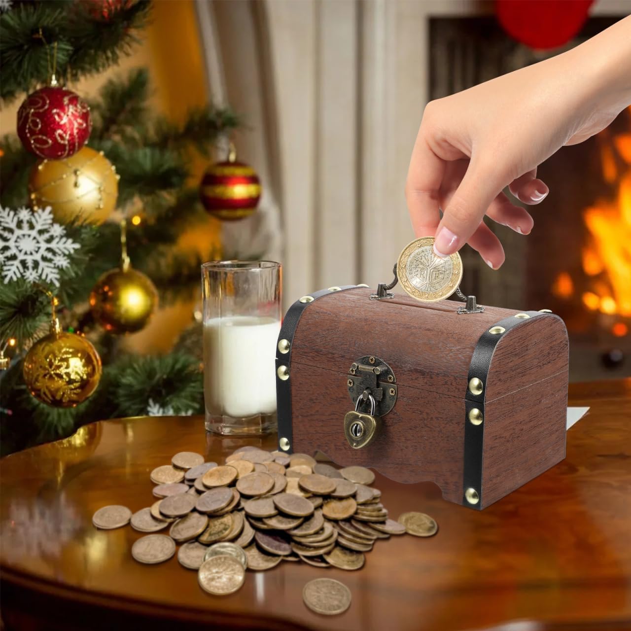 Vintage Treasure Storage Box with Lock Small Wooden Treasure Chest Organizer Piggy Bank for Coins Jewelry Home Decor - 4