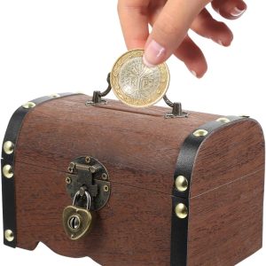 Vintage Treasure Storage Box with Lock Small Wooden Treasure Chest Organizer Piggy Bank for Coins Jewelry Home Decor - 6