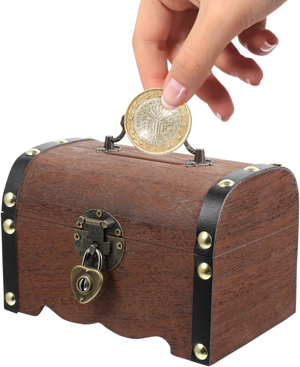 Vintage Treasure Storage Box with Lock Small Wooden Treasure Chest Organizer Piggy Bank for Coins Jewelry Home Decor - 6