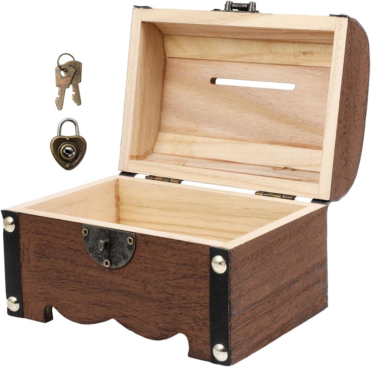 Vintage Treasure Storage Box with Lock Small Wooden Treasure Chest Organizer Piggy Bank for Coins Jewelry Home Decor - 7