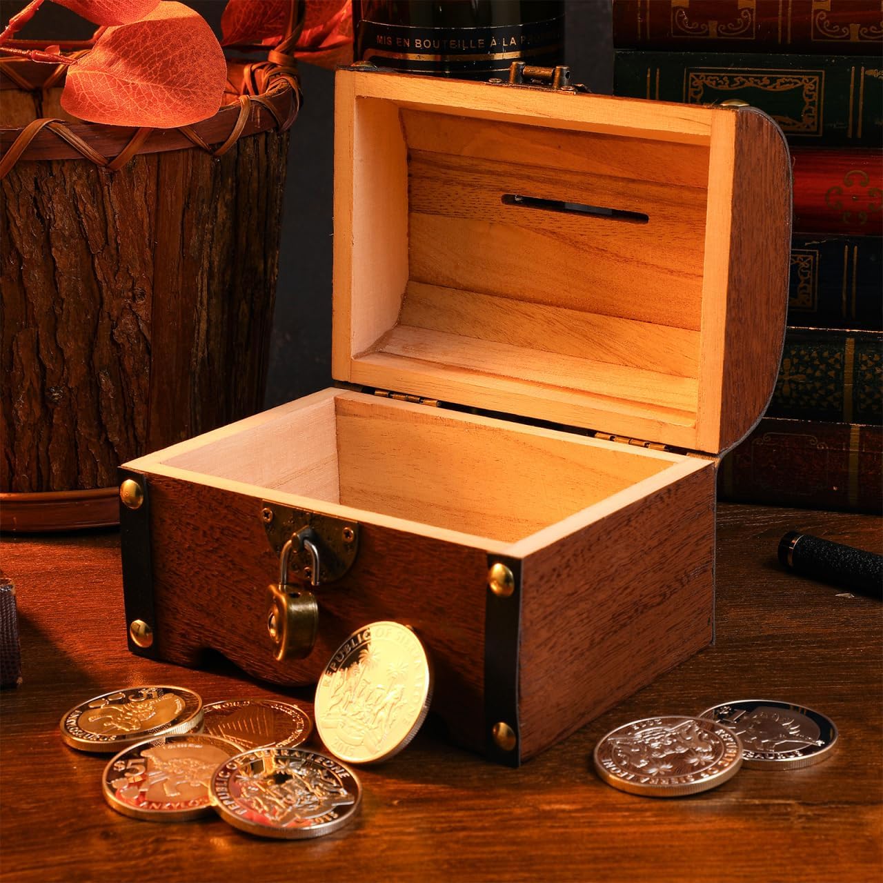 Vintage Treasure Storage Box with Lock Small Wooden Treasure Chest Organizer Piggy Bank for Coins Jewelry Home Decor - 9