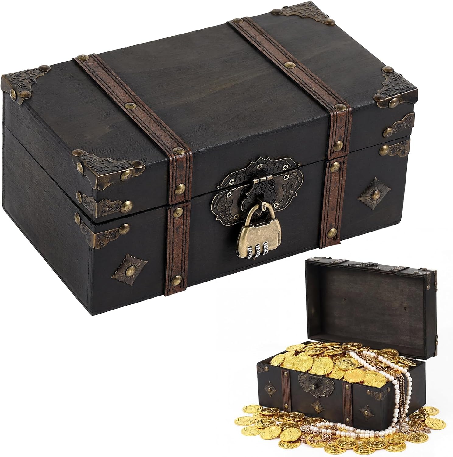 Wooden Treasure Chest 10.24 x 5.91 x 4.72 Vintage Pirate Chest Keepsake Box with Lock for Jewelry Storage Coins Trinkets Rustic Decorative Box for Table Home Decor - 1