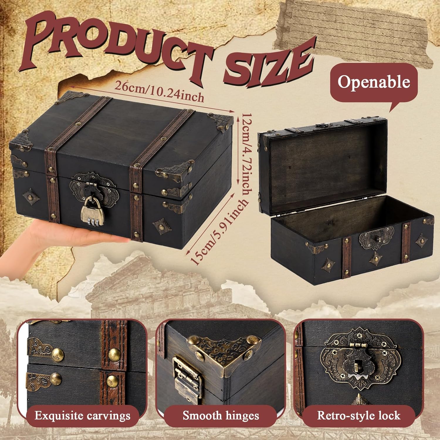 Wooden Treasure Chest 10.24 x 5.91 x 4.72 Vintage Pirate Chest Keepsake Box with Lock for Jewelry Storage Coins Trinkets Rustic Decorative Box for Table Home Decor - 2