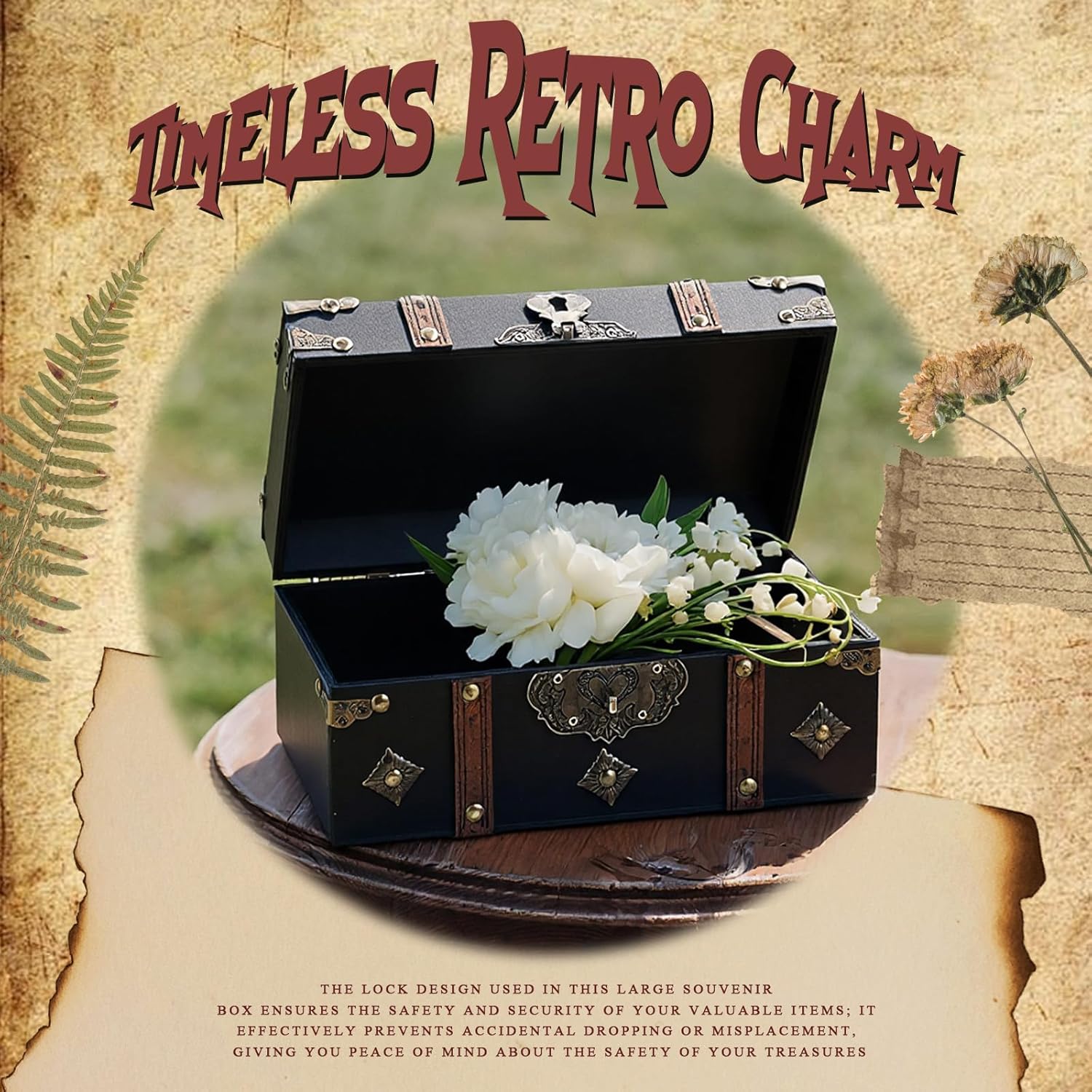 Wooden Treasure Chest 10.24 x 5.91 x 4.72 Vintage Pirate Chest Keepsake Box with Lock for Jewelry Storage Coins Trinkets Rustic Decorative Box for Table Home Decor - 3