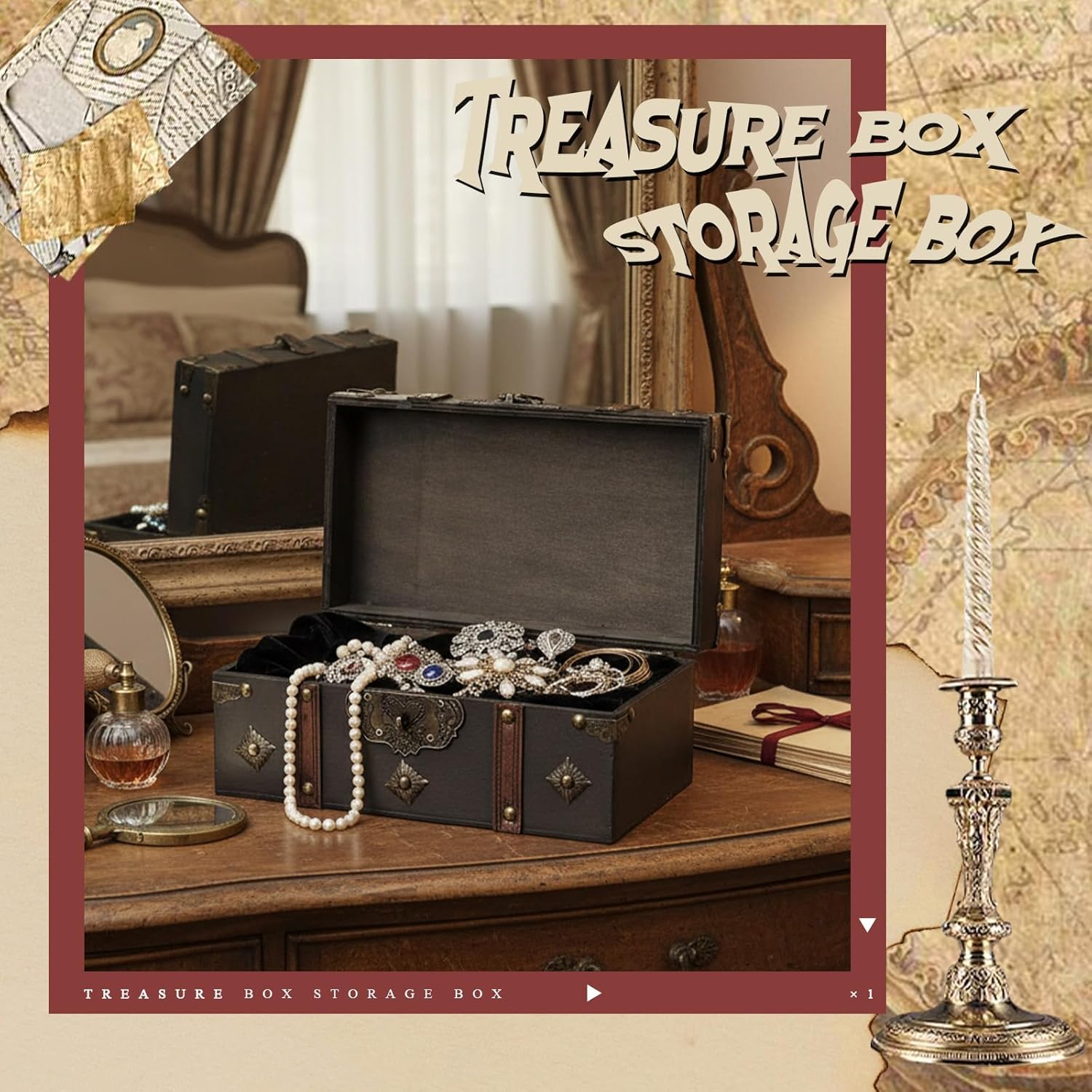 Wooden Treasure Chest 10.24 x 5.91 x 4.72 Vintage Pirate Chest Keepsake Box with Lock for Jewelry Storage Coins Trinkets Rustic Decorative Box for Table Home Decor - 5
