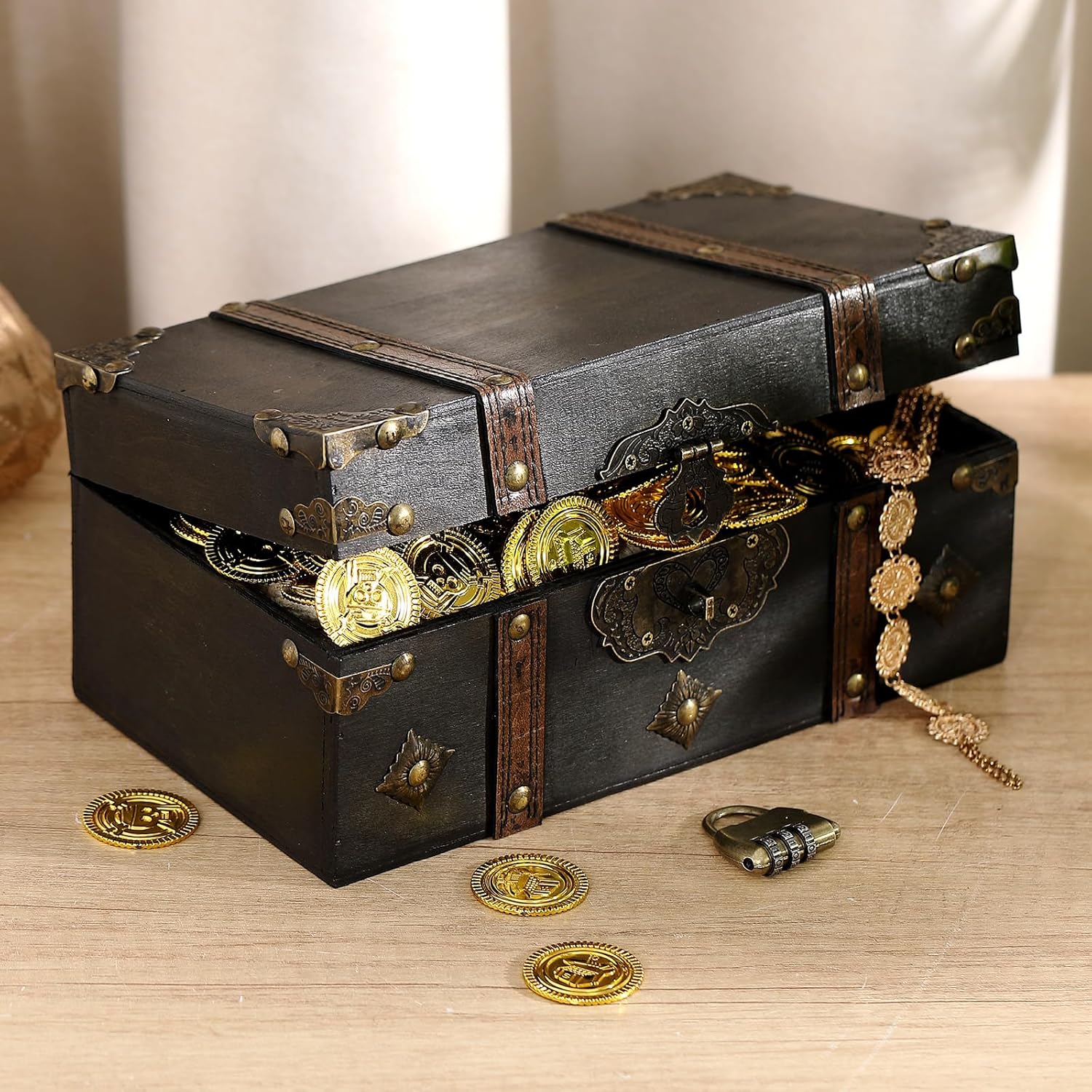 Wooden Treasure Chest 10.24 x 5.91 x 4.72 Vintage Pirate Chest Keepsake Box with Lock for Jewelry Storage Coins Trinkets Rustic Decorative Box for Table Home Decor - 6