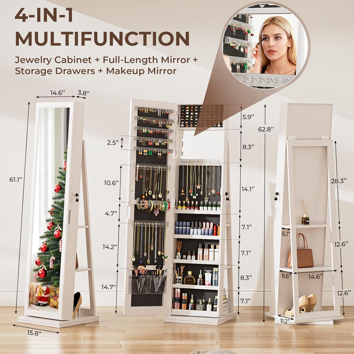 4-In-1 Jewelry Armoire with Full-Length Mirror, 360° Swivel Lockable Jewelry Cabinet Standing with 3 Storage Shelves & Vanity Mirror, Jewelry Organizer with Storage for Gift Idea, White - Image 2