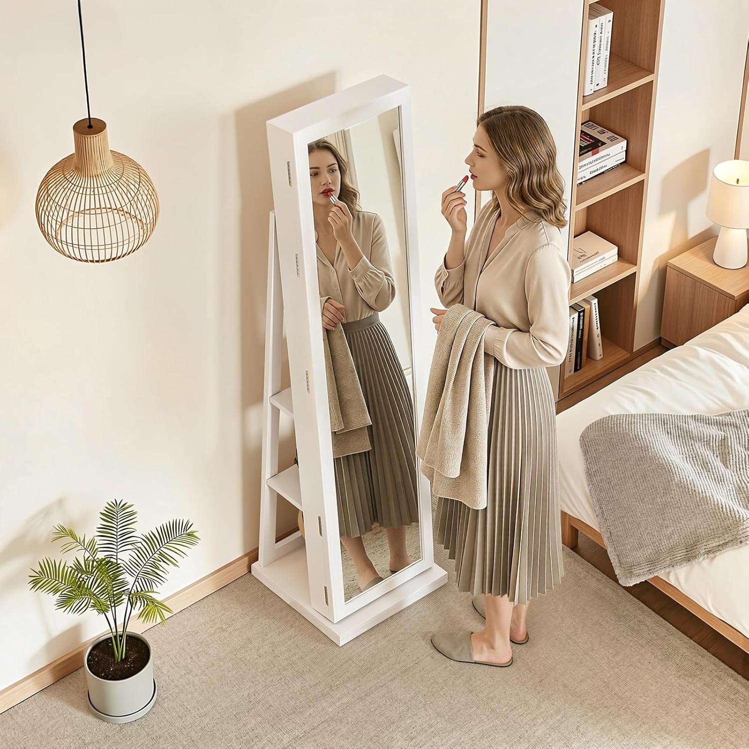 4-In-1 Jewelry Armoire with Full-Length Mirror, 360° Swivel Lockable Jewelry Cabinet Standing with 3 Storage Shelves & Vanity Mirror, Jewelry Organizer with Storage for Gift Idea, White - Image 4