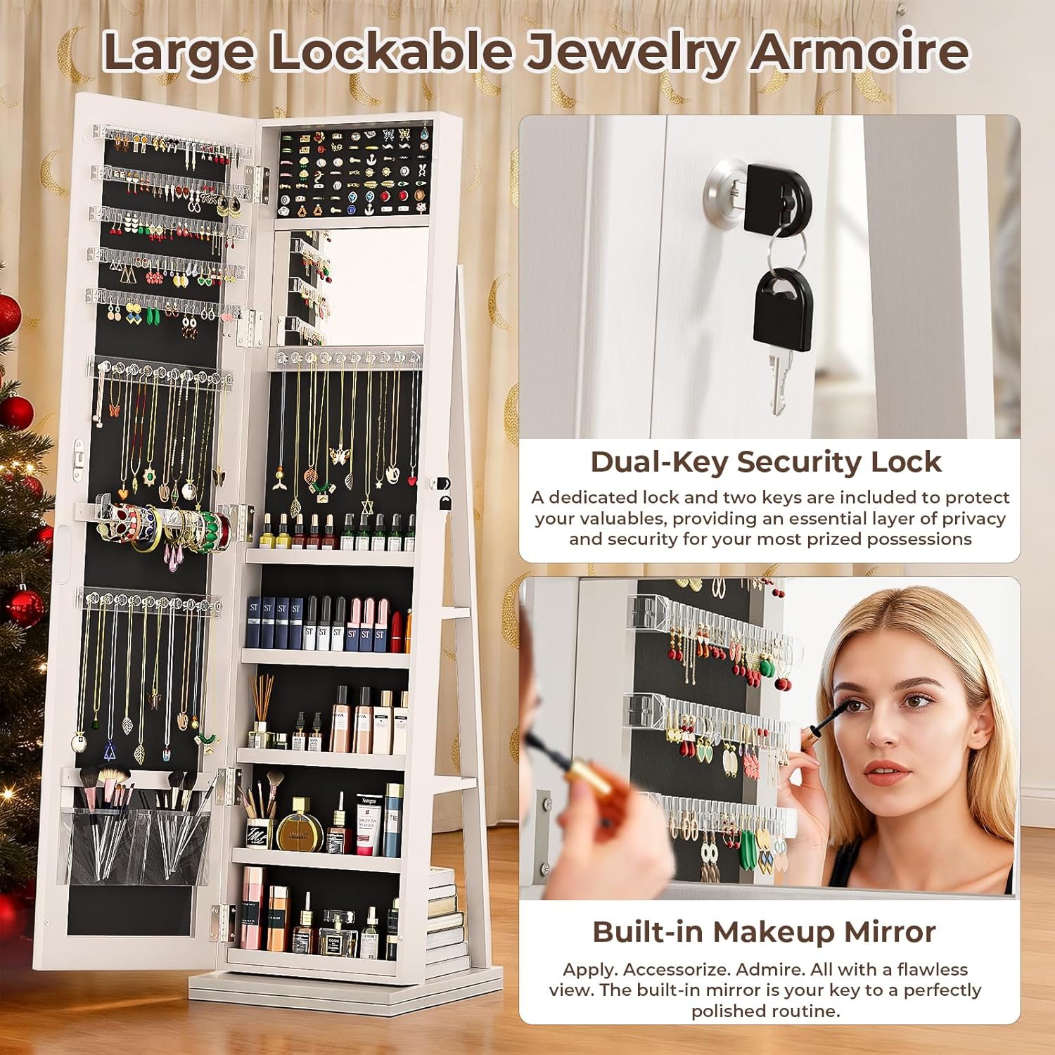 4-In-1 Jewelry Armoire with Full-Length Mirror, 360° Swivel Lockable Jewelry Cabinet Standing with 3 Storage Shelves & Vanity Mirror, Jewelry Organizer with Storage for Gift Idea, White - Image 5