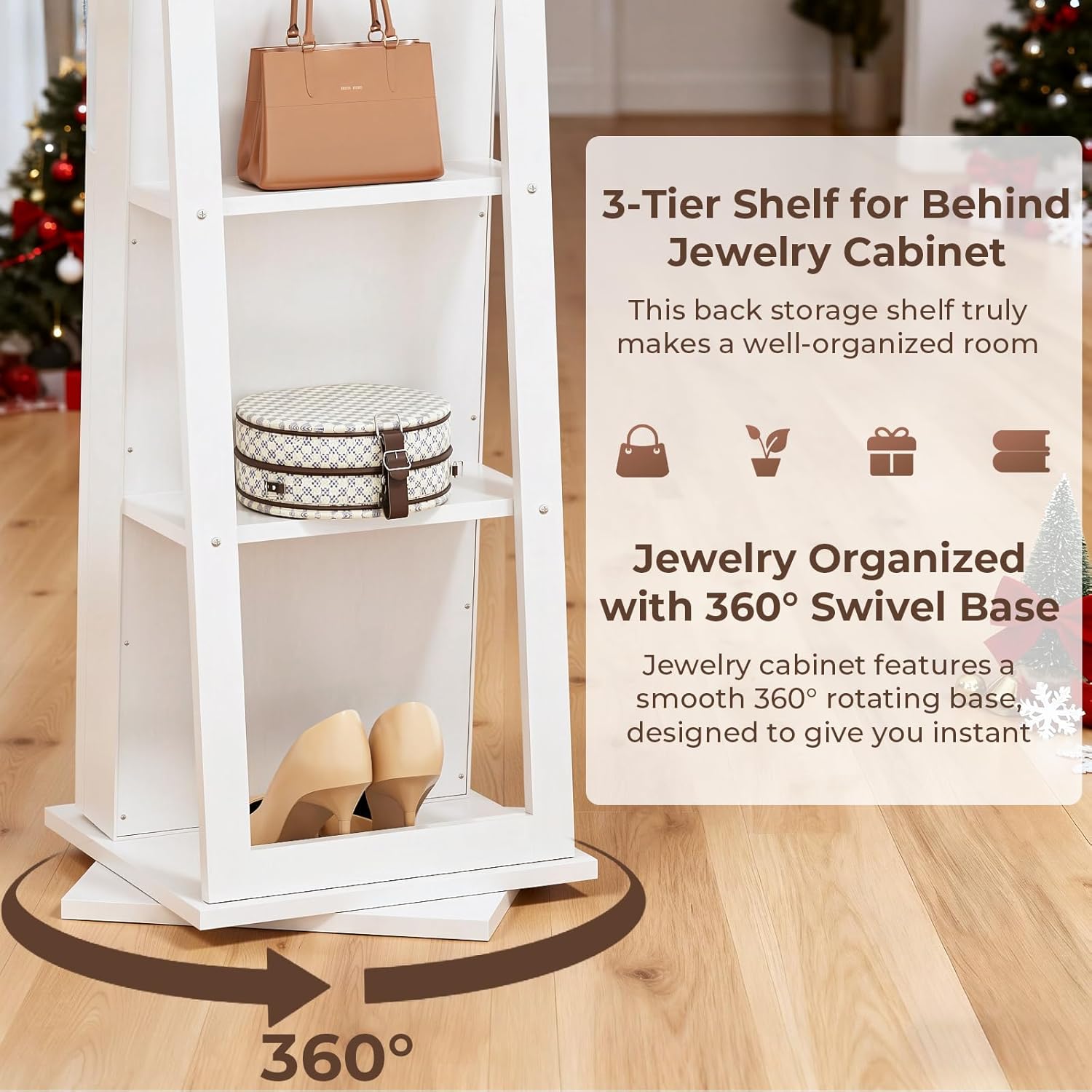 4-In-1 Jewelry Armoire with Full-Length Mirror, 360° Swivel Lockable Jewelry Cabinet Standing with 3 Storage Shelves & Vanity Mirror, Jewelry Organizer with Storage for Gift Idea, White - Image 6