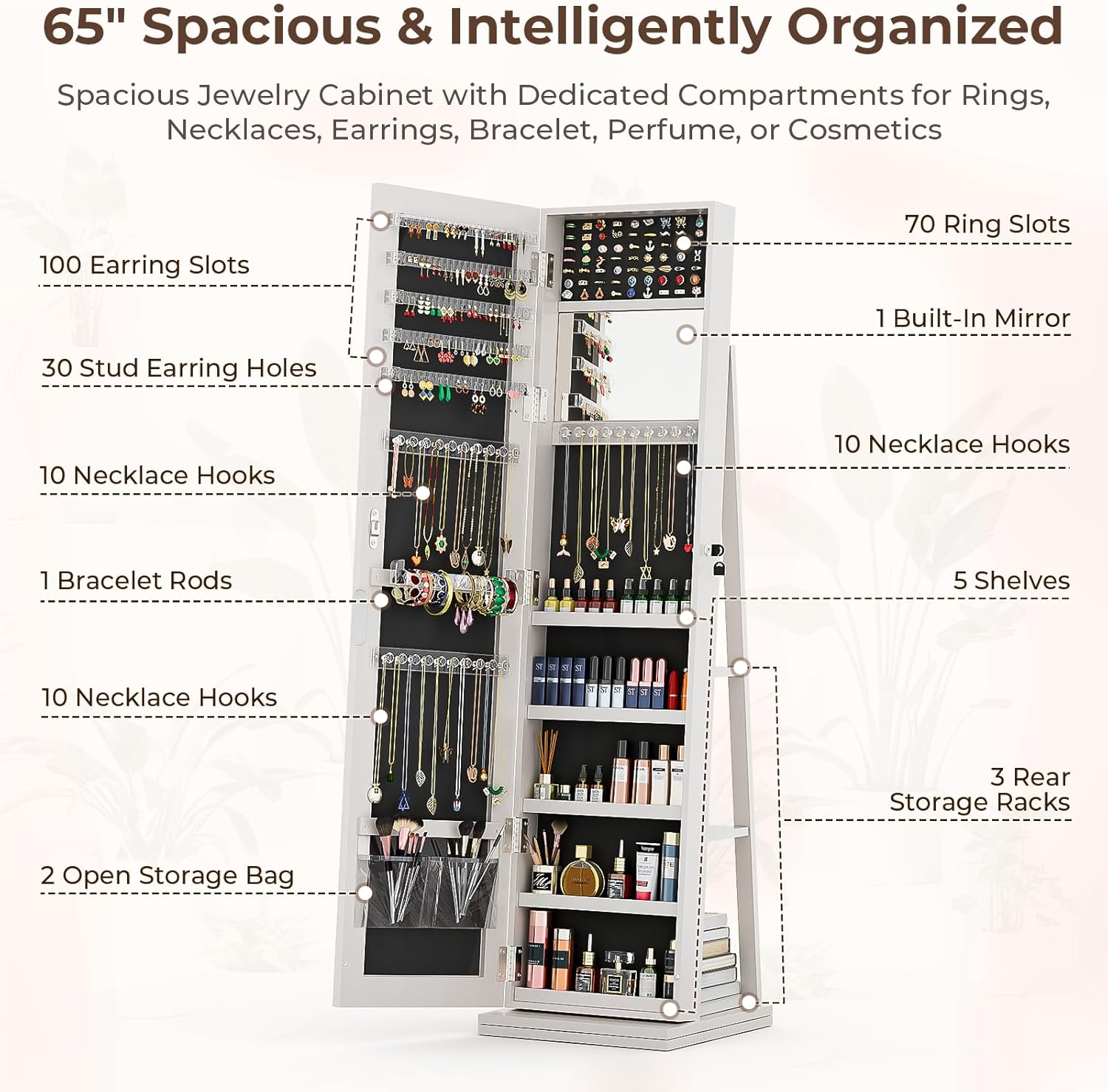 4-In-1 Jewelry Armoire with Full-Length Mirror, 360° Swivel Lockable Jewelry Cabinet Standing with 3 Storage Shelves & Vanity Mirror, Jewelry Organizer with Storage for Gift Idea, White - Image 8