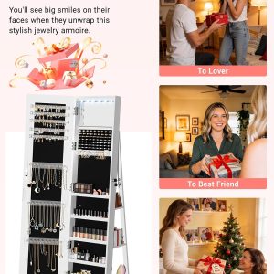 Alternative view of 6 LEDs Jewelry Cabinet Standing Lockable with Rotatable Full-Length Mirror, 360° Swivel Jewelry Armoire with Jewelry Storage, 3 Rear Shelves, Jewelry Organizer for Best Gift, White