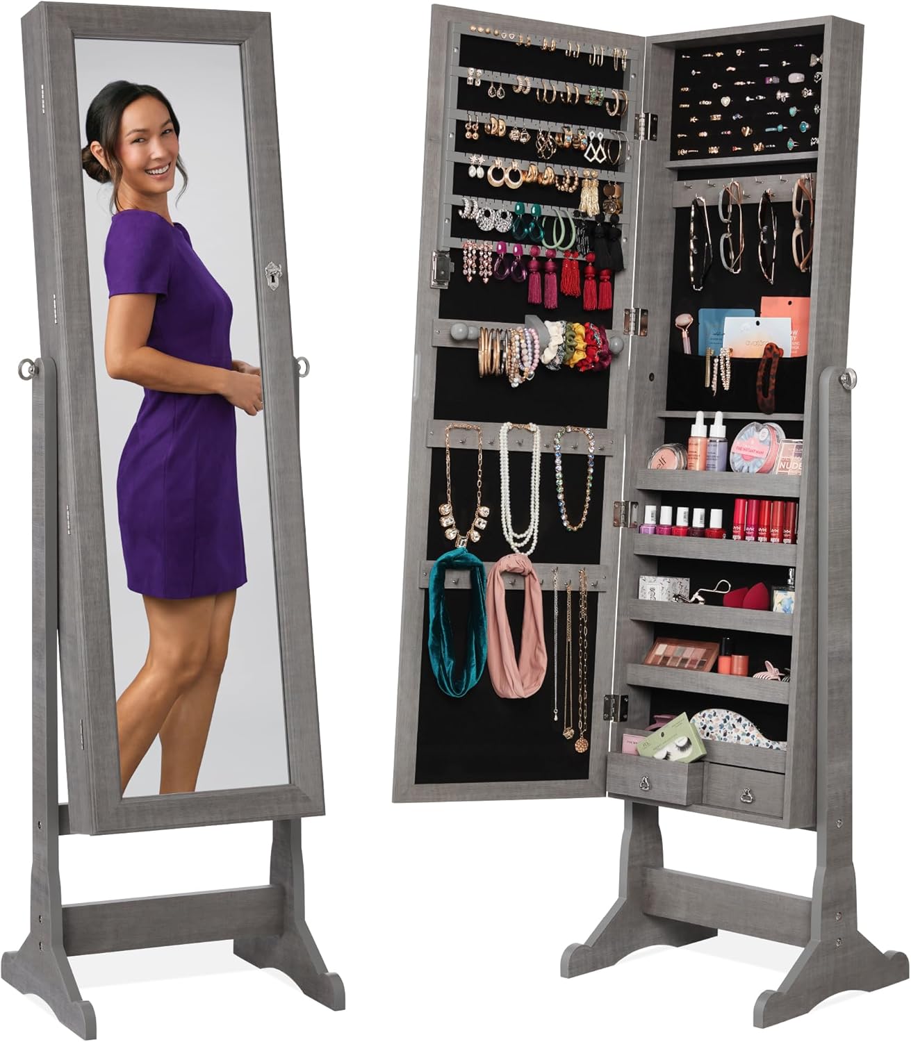 Best Choice Products Freestanding Jewelry Armoire Cabinet, Full Length Standing Mirror, Lockable Makeup Storage Organizer, w-Velvet Lining, 3 Angles, Lock, Accessory Pouch, 5 Shelves - Gray Oak - 1