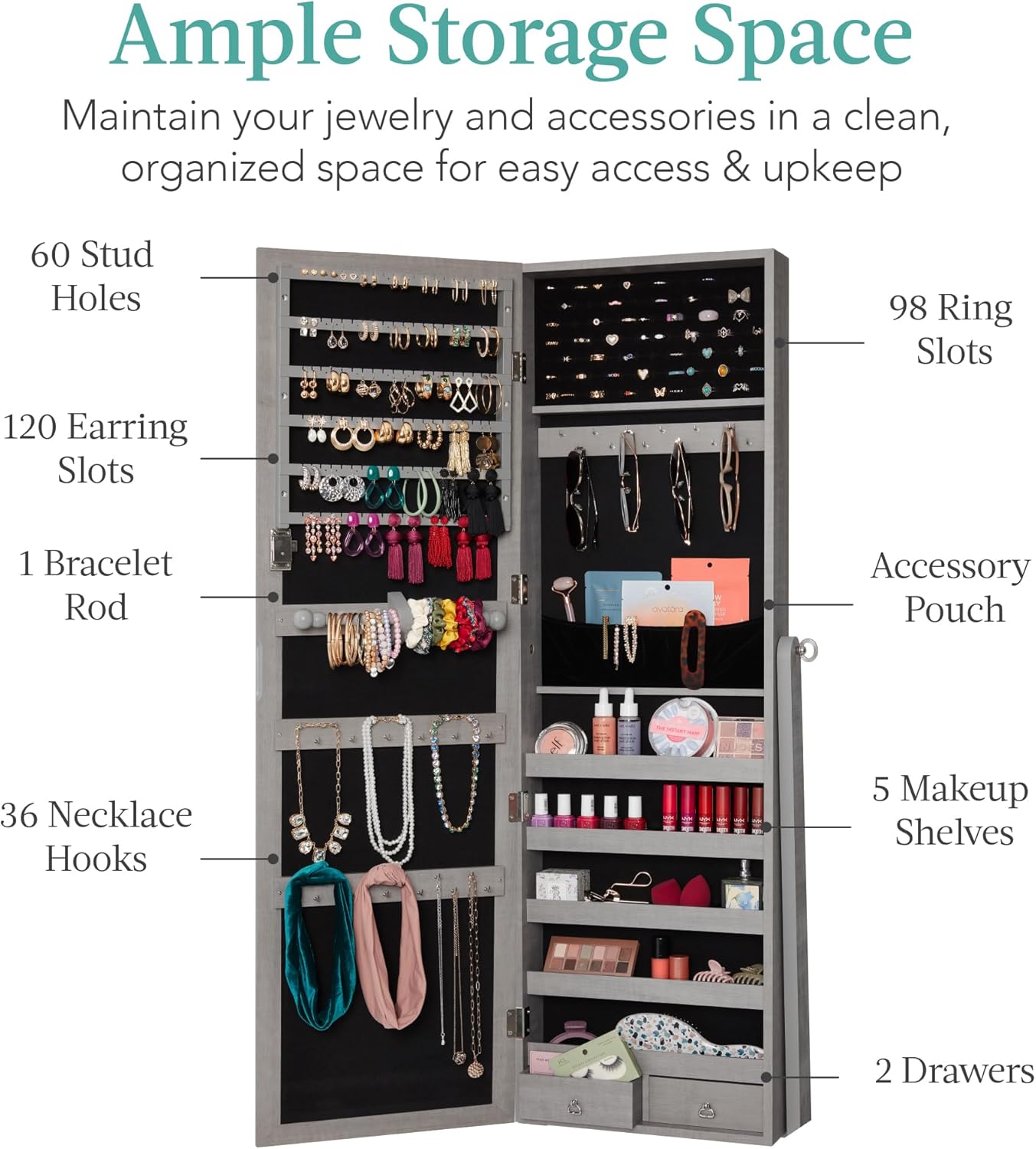 Best Choice Products Freestanding Jewelry Armoire Cabinet, Full Length Standing Mirror, Lockable Makeup Storage Organizer, w/Velvet Lining, 3 Angles, Lock, Accessory Pouch, 5 Shelves - Gray Oak - Image 3