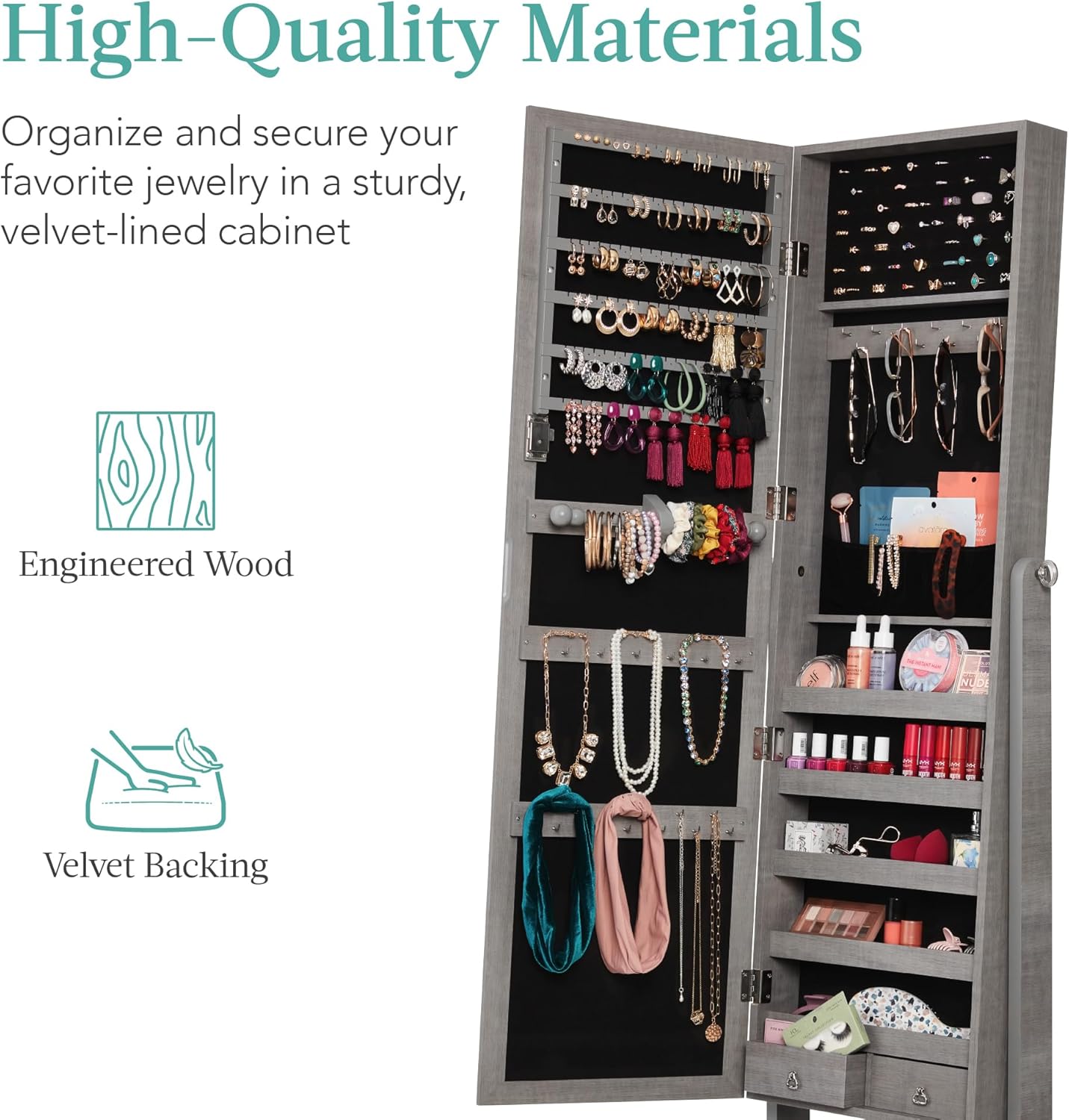 Best Choice Products Freestanding Jewelry Armoire Cabinet, Full Length Standing Mirror, Lockable Makeup Storage Organizer, w/Velvet Lining, 3 Angles, Lock, Accessory Pouch, 5 Shelves - Gray Oak - Image 6