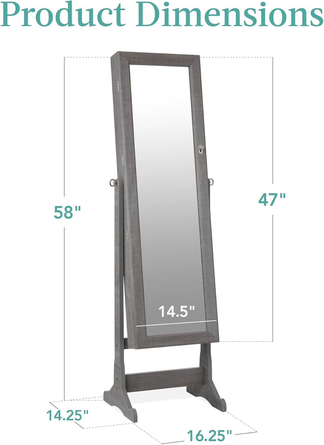 Best Choice Products Freestanding Jewelry Armoire Cabinet, Full Length Standing Mirror, Lockable Makeup Storage Organizer, w/Velvet Lining, 3 Angles, Lock, Accessory Pouch, 5 Shelves - Gray Oak - Image 2