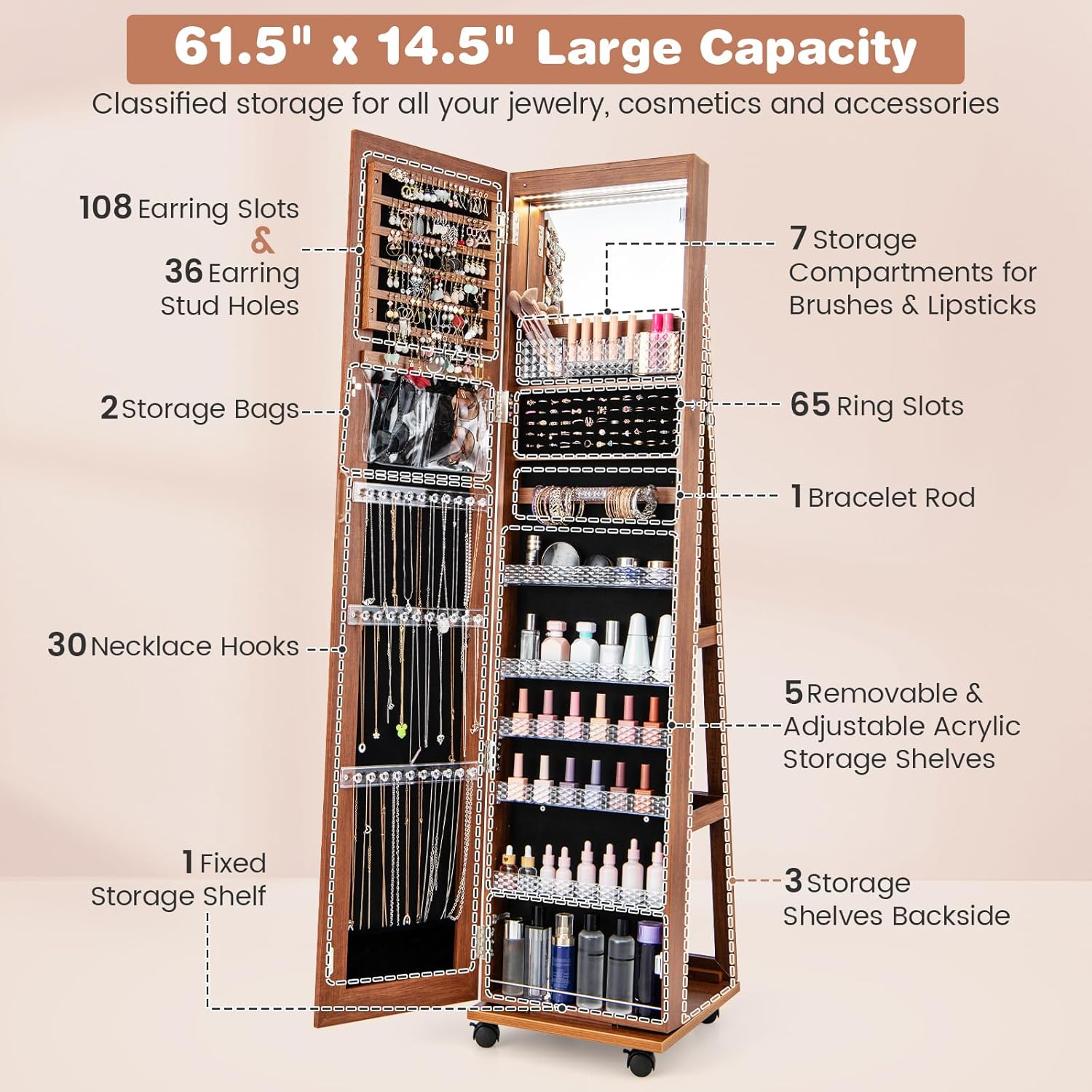 CHARMAID Jewelry Cabinet Armoire with Wheels, 64" H Full Length Mirror, 3-Color LED Lights, Height Adjustable Shelves, Lockable Standing Jewelry Organizer with Back Storage Shelves (Walnut) - Image 2