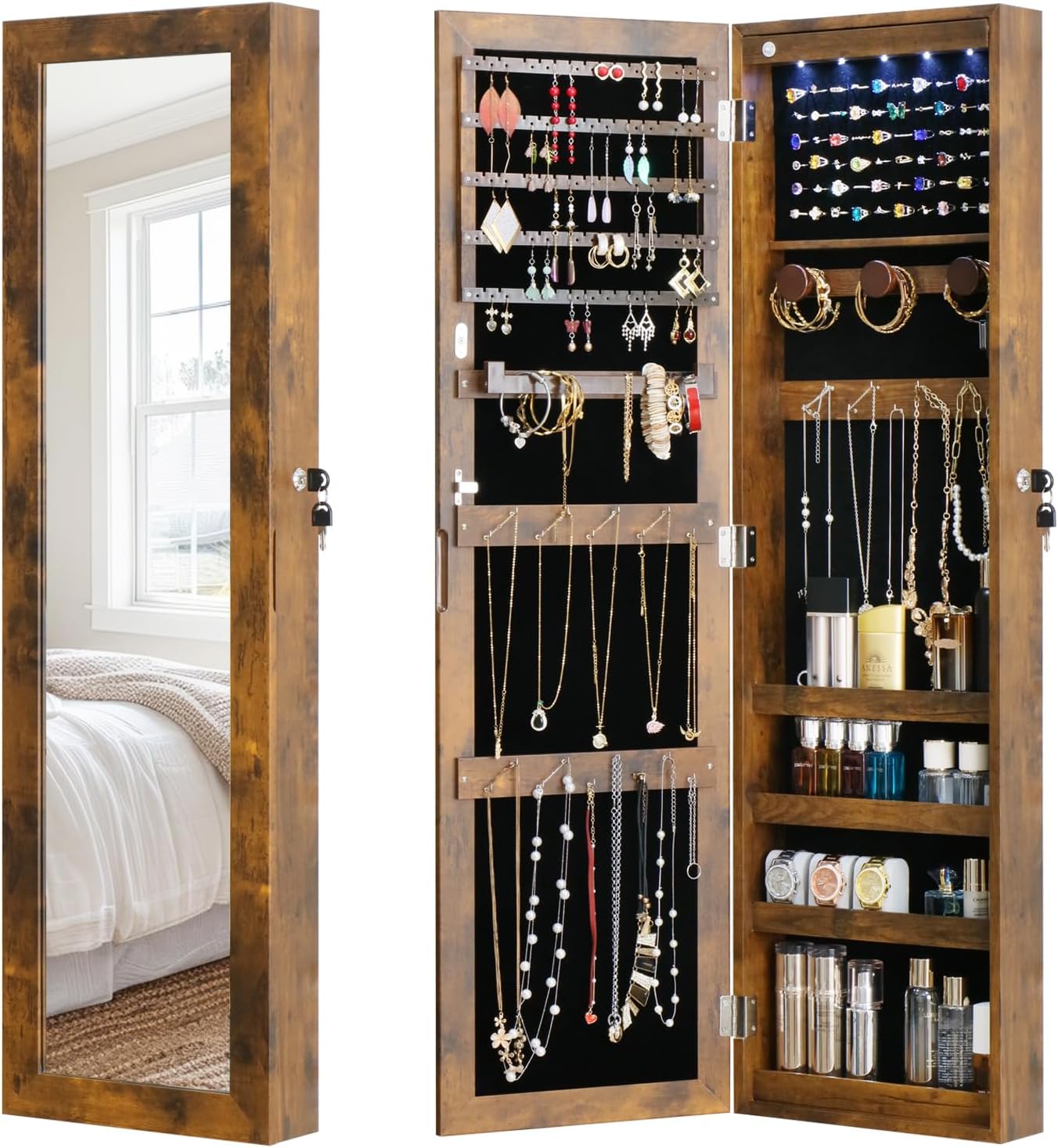 Full Length Mirror Jewelry Cabinet Organizer Lockable Door Wall-Mounted Jewelry Armoire with Shelves and Behind the Door Storage Rustic Brown - 1
