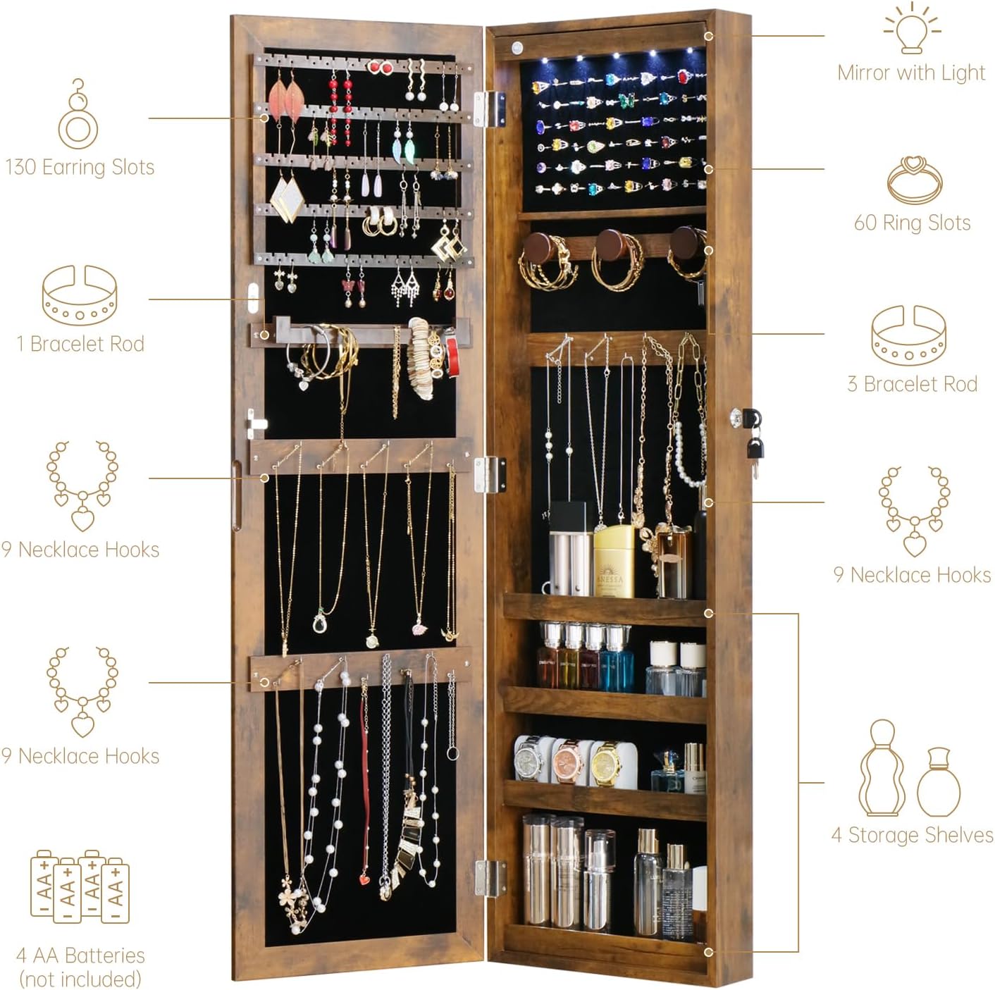 Full Length Mirror Jewelry Cabinet Organizer Lockable Door Wall-Mounted Jewelry Armoire with Shelves and Behind the Door Storage Rustic Brown - Image 4