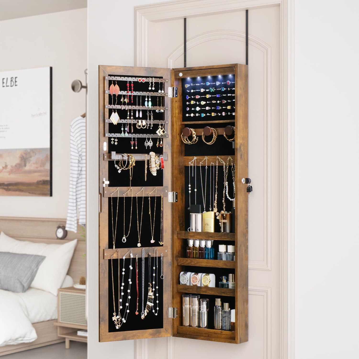 Full Length Mirror Jewelry Cabinet Organizer Lockable Door Wall-Mounted Jewelry Armoire with Shelves and Behind the Door Storage Rustic Brown - Image 6