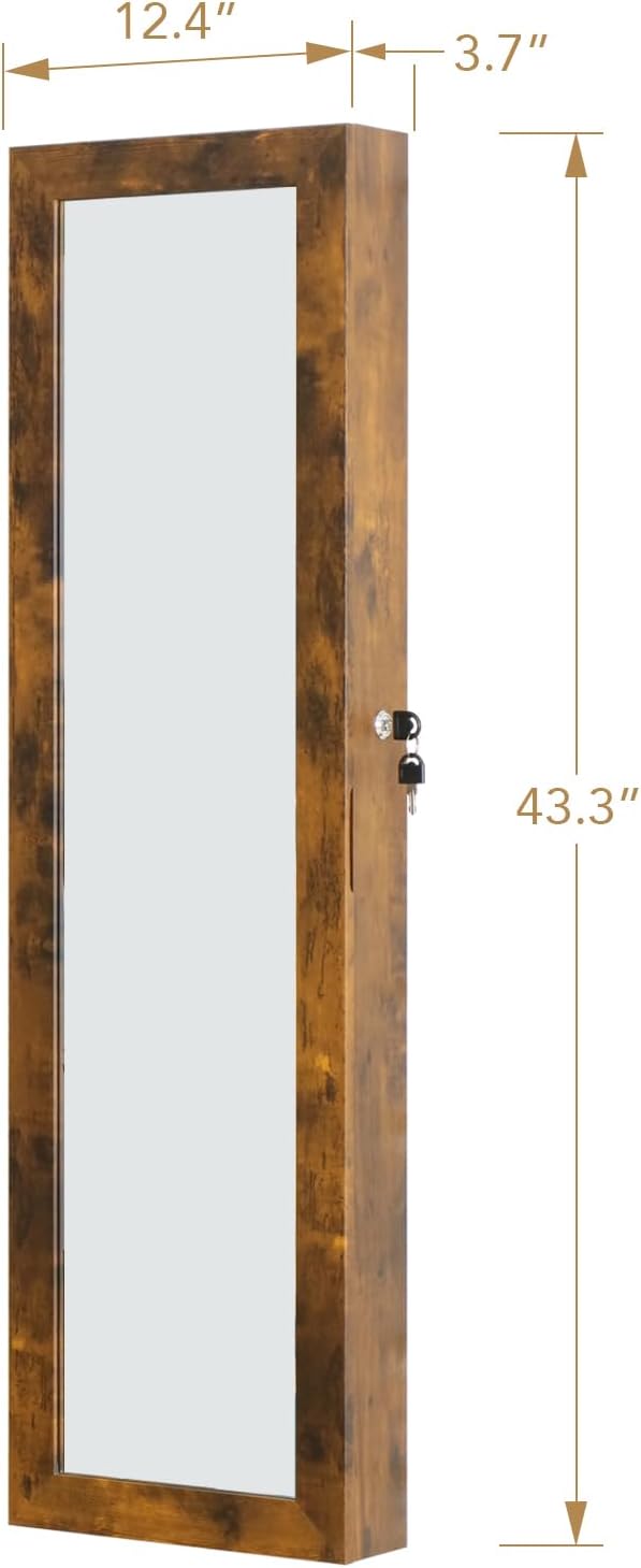 Full Length Mirror Jewelry Cabinet Organizer Lockable Door Wall-Mounted Jewelry Armoire with Shelves and Behind the Door Storage Rustic Brown - Image 5