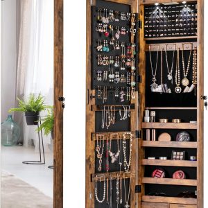 Giantex Wall Door Mounted Jewelry Armoire Cabinet with 47.5 H Full Length Mirror, 2 LEDs Lockable Jewelry Organizer Box with Bracelet Rod, 2 Drawers, Large Storage Capacity - 1