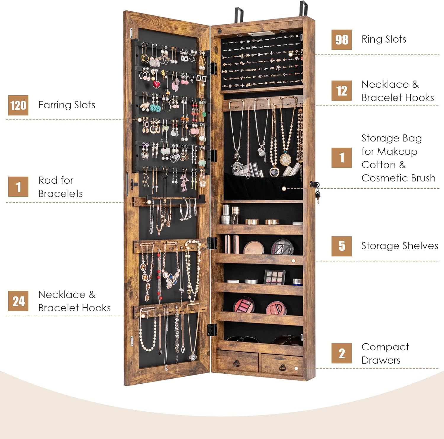 Giantex Wall Door Mounted Jewelry Armoire Cabinet with 47.5" H Full Length Mirror, 2 LEDs Lockable Jewelry Organizer Box with Bracelet Rod, 2 Drawers, Large Storage Capacity (Rustic Brown) - Image 5
