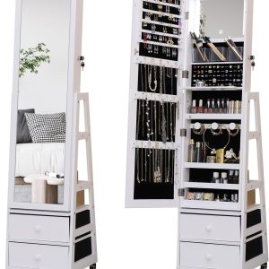 Jewelry Cabinet Standing Mirror with Drawers Wheels Full Length Mirror Jewelry Storage with Touch Screen Vanity Mirror Rotatable Jewelry Armoire Organizer with Lock White Christmas Gift - 1