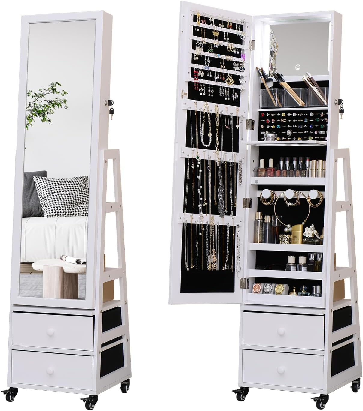 Jewelry Cabinet Standing Mirror with Drawers Wheels Full Length Mirror Jewelry Storage with Touch Screen Vanity Mirror Rotatable Jewelry Armoire Organizer with Lock White Christmas Gift - 1