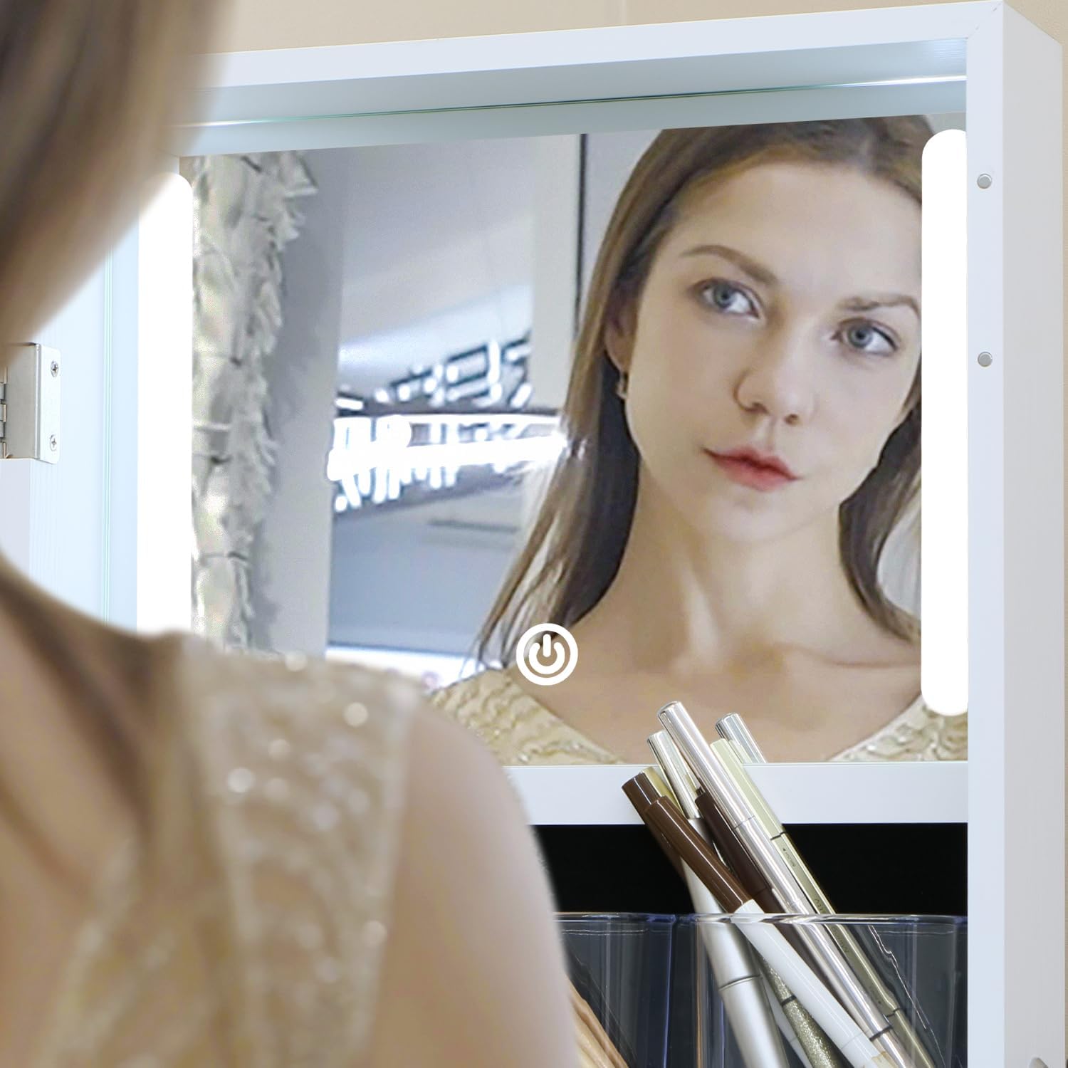 Jewelry Cabinet Standing Mirror with Drawers Wheels Full Length Mirror Jewelry Storage with Touch Screen Vanity Mirror Rotatable Jewelry Armoire Organizer with Lock White Christmas Gift for Women - Image 3