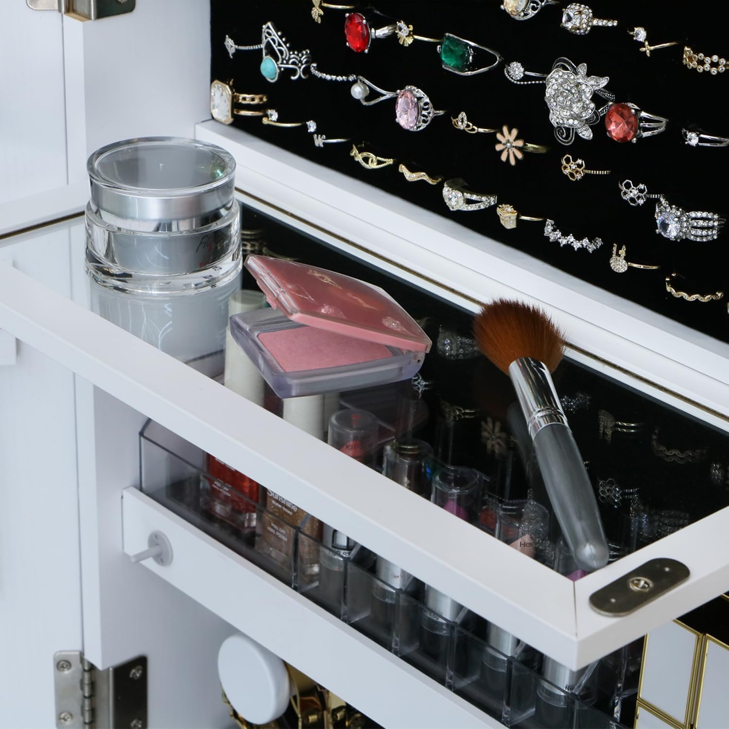 Jewelry Cabinet Standing Mirror with Drawers Wheels Full Length Mirror Jewelry Storage with Touch Screen Vanity Mirror Rotatable Jewelry Armoire Organizer with Lock White Christmas Gift for Women - Image 4