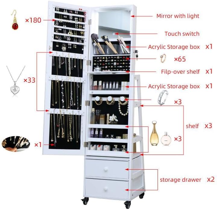 Jewelry Cabinet Standing Mirror with Drawers Wheels Full Length Mirror Jewelry Storage with Touch Screen Vanity Mirror Rotatable Jewelry Armoire Organizer with Lock White Christmas Gift for Women - Image 5