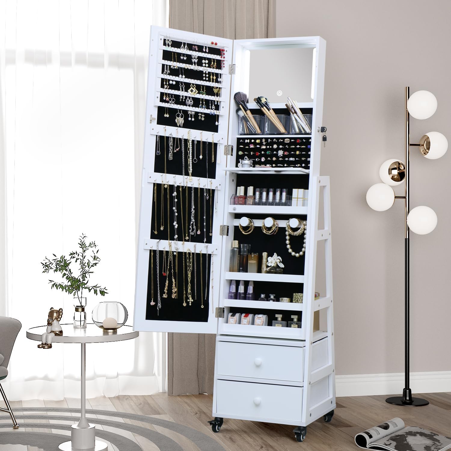 Jewelry Cabinet Standing Mirror with Drawers Wheels Full Length Mirror Jewelry Storage with Touch Screen Vanity Mirror Rotatable Jewelry Armoire Organizer with Lock White Christmas Gift for Women - Image 7