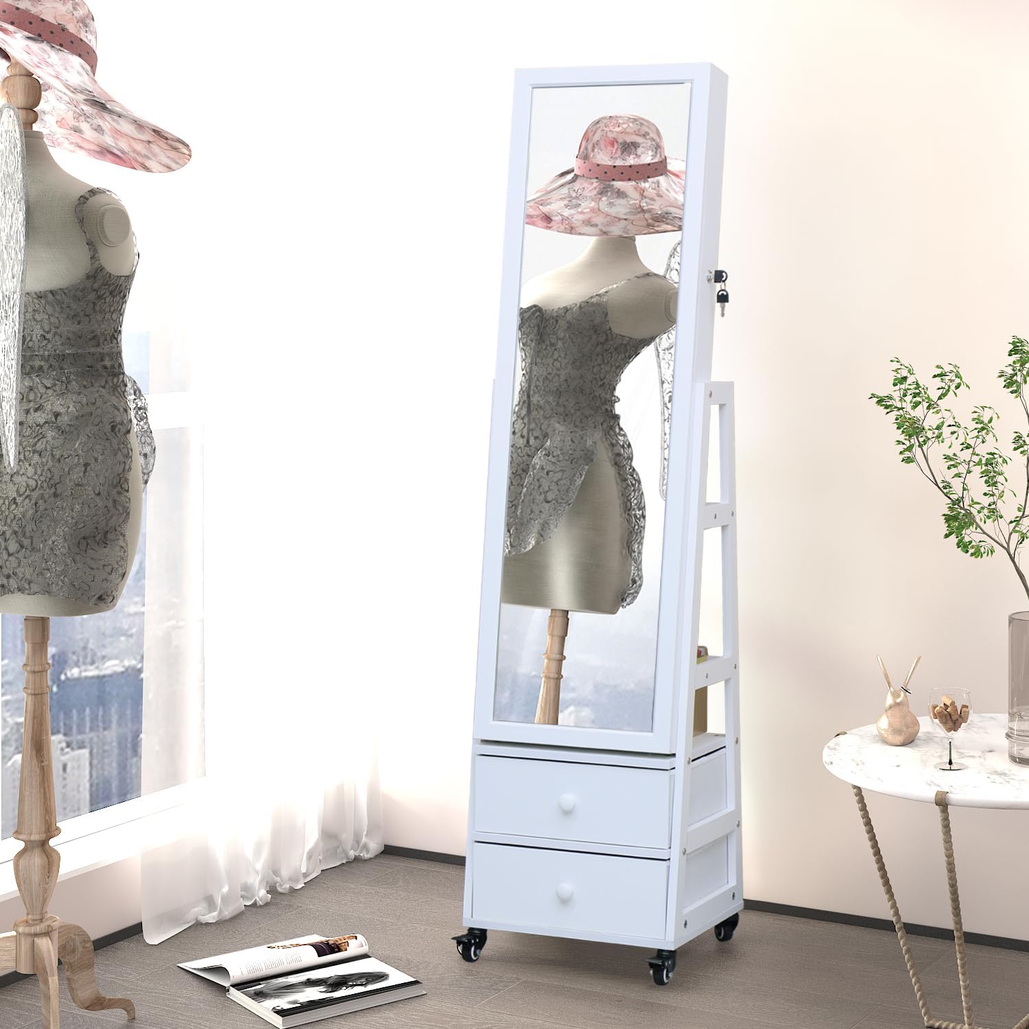 Jewelry Cabinet Standing Mirror with Drawers Wheels Full Length Mirror Jewelry Storage with Touch Screen Vanity Mirror Rotatable Jewelry Armoire Organizer with Lock White Christmas Gift for Women - Image 2
