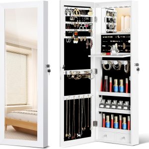 Mirror Jewelry Cabinet, Wall-Door Mounted Jewelry Armoire with Full-Length Mirror, Hanging Jewelry Organizer with LED Interior Lights, White - 1