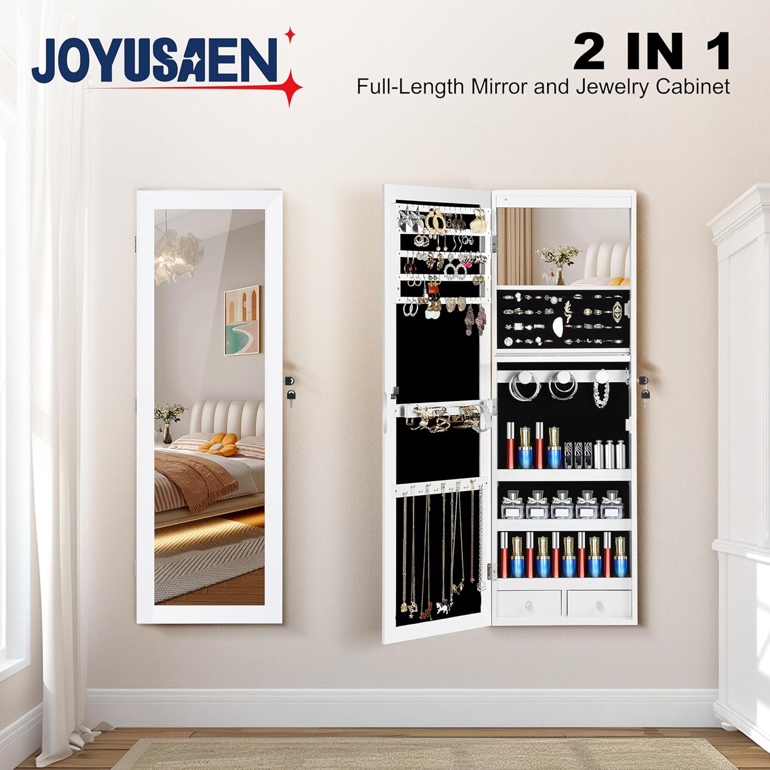 Mirror Jewelry Cabinet, Wall/Door Mounted Jewelry Armoire with Full-Length Mirror, Hanging Jewelry Organizer with LED Interior Lights, White - Image 3