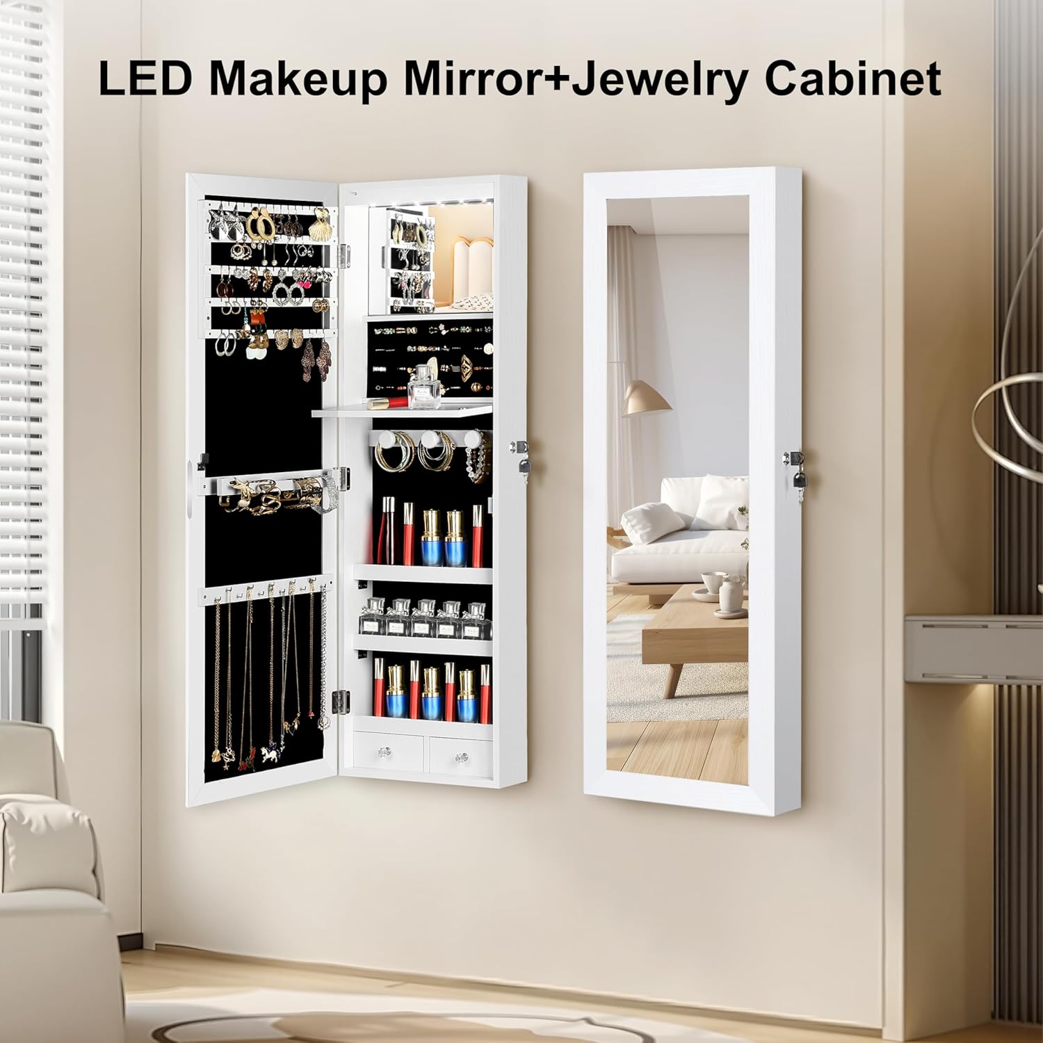 Mirror Jewelry Cabinet, Wall/Door Mounted Jewelry Armoire with Full-Length Mirror, Hanging Jewelry Organizer with LED Interior Lights, White - Image 4