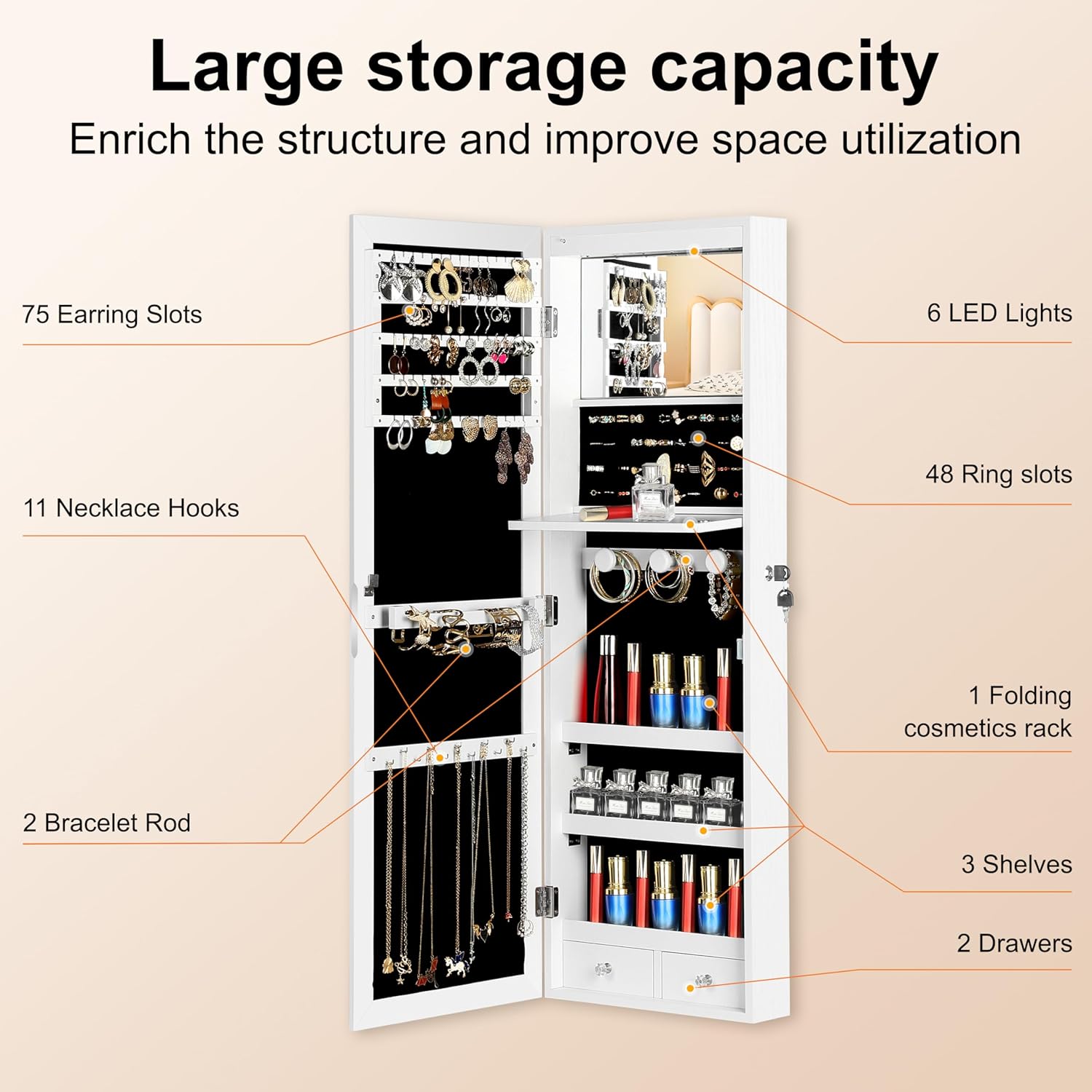 Mirror Jewelry Cabinet, Wall/Door Mounted Jewelry Armoire with Full-Length Mirror, Hanging Jewelry Organizer with LED Interior Lights, White - Image 5