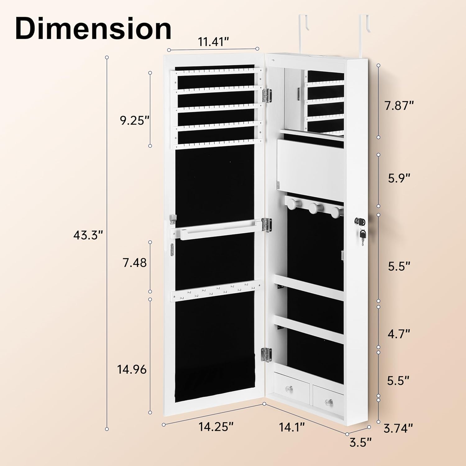 Mirror Jewelry Cabinet, Wall/Door Mounted Jewelry Armoire with Full-Length Mirror, Hanging Jewelry Organizer with LED Interior Lights, White - Image 6