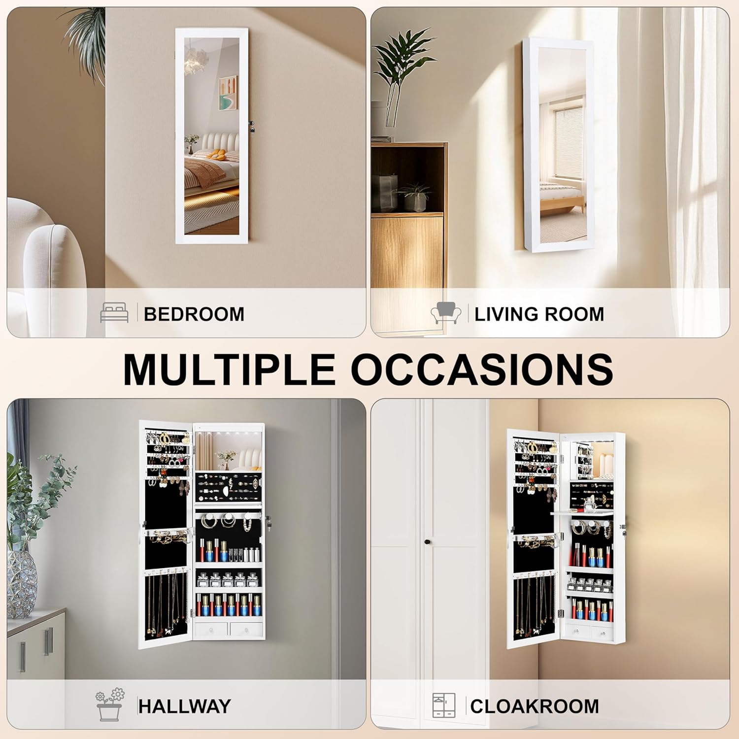 Mirror Jewelry Cabinet, Wall/Door Mounted Jewelry Armoire with Full-Length Mirror, Hanging Jewelry Organizer with LED Interior Lights, White - Image 7