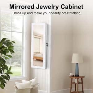 Alternative view of Mirror Jewelry Cabinet, Wall/Door Mounted Jewelry Armoire with Full-Length Mirror, Hanging Jewelry Organizer with LED Interior Lights, White