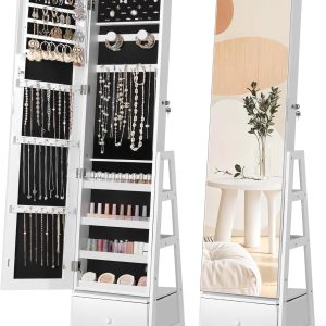 Nicetree 360°Swivel Jewelry Cabinet, Rotatable Full Length Mirror with Jewelry Storage, Standing Jewelry Armoire Organizer, Lockable Jewelry Organizer with 3 Rear Shelves, Bottom Drawer, Pure White - 1