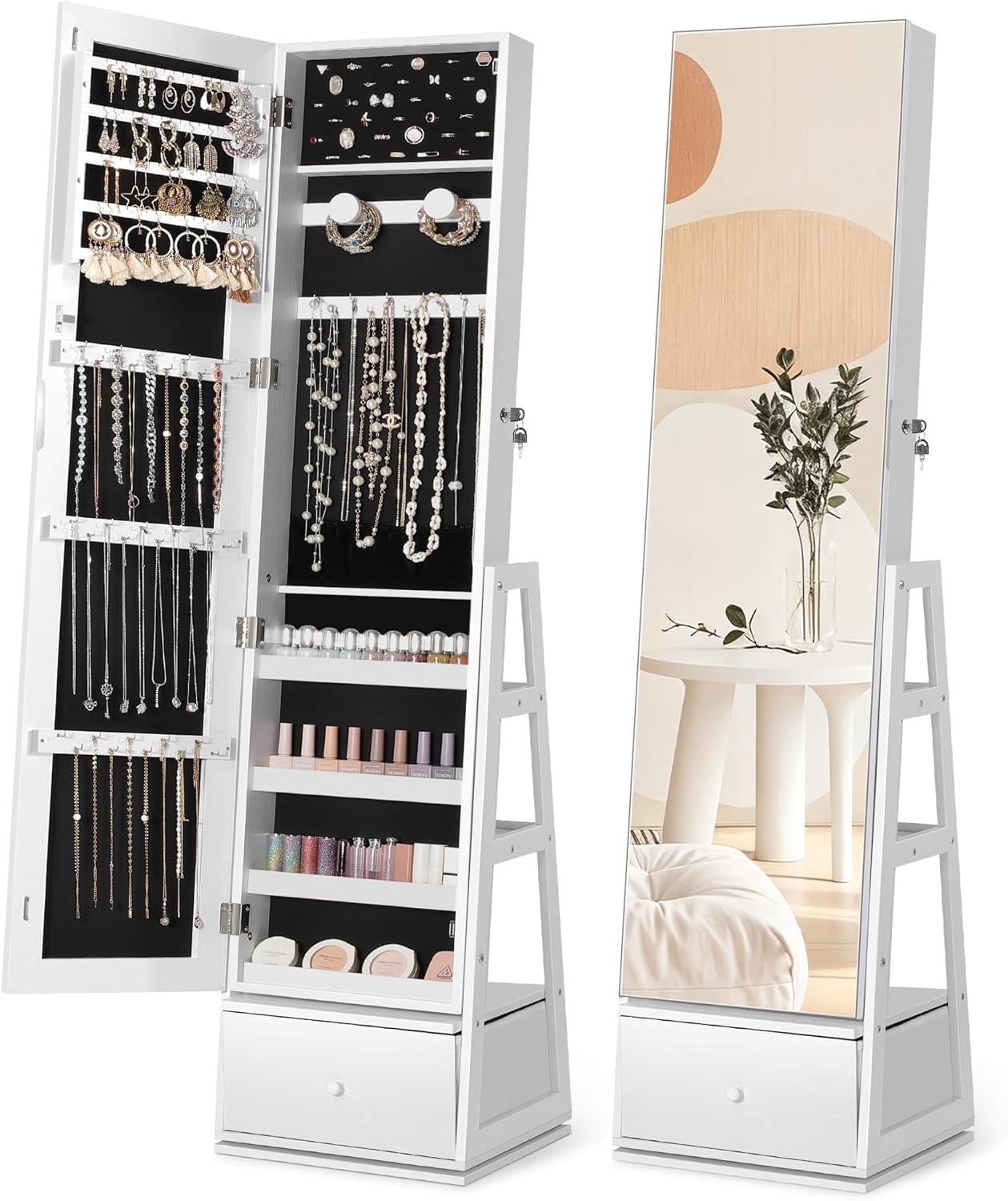 Nicetree 360°Swivel Jewelry Cabinet, Rotatable Full Length Mirror with Jewelry Storage, Standing Jewelry Armoire Organizer, Lockable Jewelry Organizer with 3 Rear Shelves, Bottom Drawer, Pure White - 1