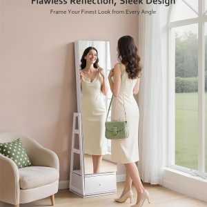 Alternative view of Nicetree 360°Swivel Jewelry Cabinet, Rotatable Full Length Mirror with Jewelry Storage, Standing Jewelry Armoire Organizer, Lockable Jewelry Organizer with 3 Rear Shelves, Bottom Drawer, Pure White