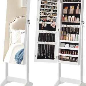 SONGMICS Jewelry Cabinet Armoire, Freestanding Lockable Storage Organizer Unit with 2 Plastic Cosmetic Storage, Full-Length Frameless Mirror, for Necklace Earring, White UJJC002W01 - 1