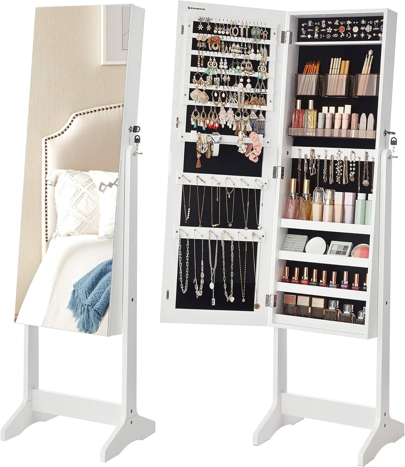 SONGMICS Jewelry Cabinet Armoire, Freestanding Lockable Storage Organizer Unit with 2 Plastic Cosmetic Storage, Full-Length Frameless Mirror, for Necklace Earring, White UJJC002W01 - 1