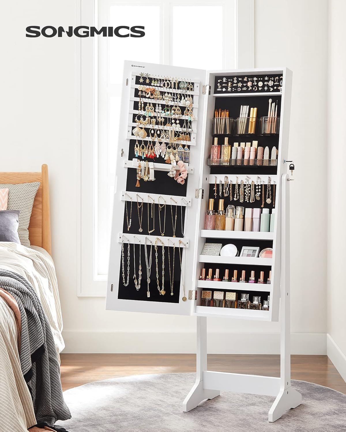 SONGMICS Jewelry Cabinet Armoire, Freestanding Lockable Storage Organizer Unit with 2 Plastic Cosmetic Storage, Full-Length Frameless Mirror, for Necklace Earring, White UJJC002W01 - Image 3